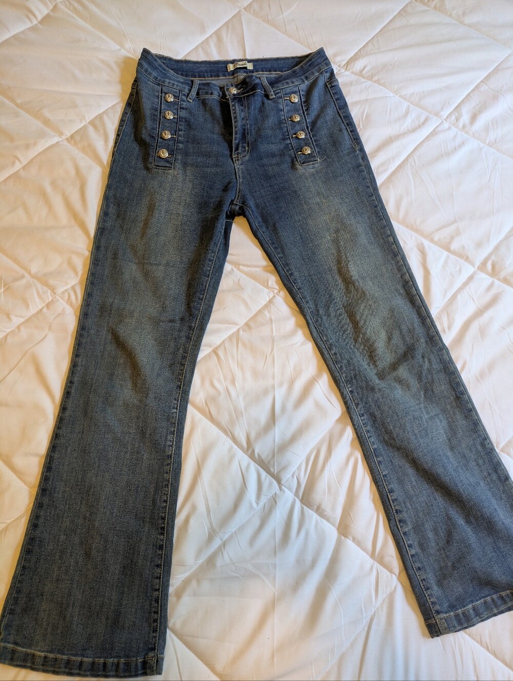 Maison Onado Blue Flare Jeans with Sailor Button Detail - Women's Wide Leg